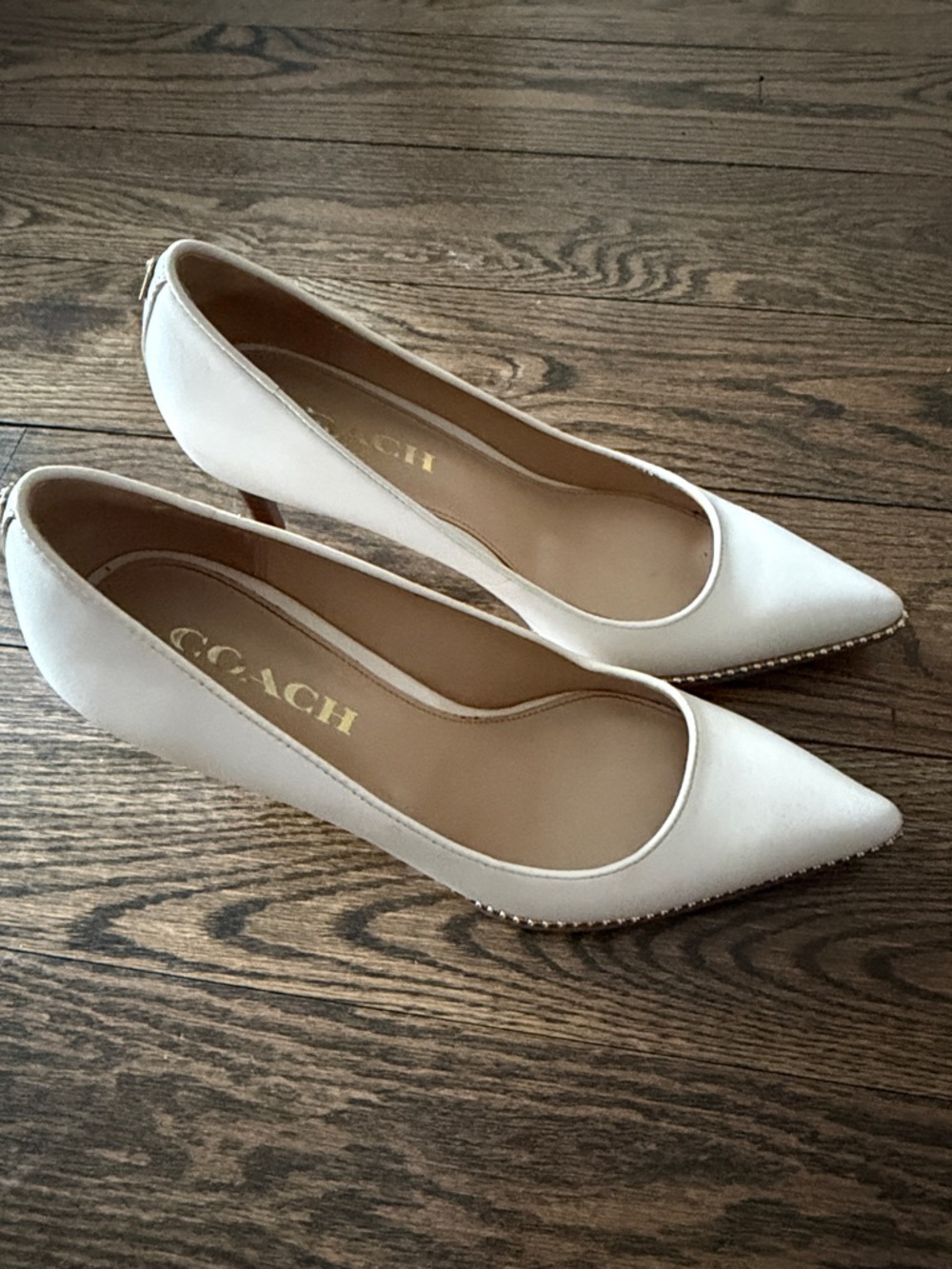 COACH Cream Pointed-Toe Leather Pumps with Trim - Picture 2 of 3